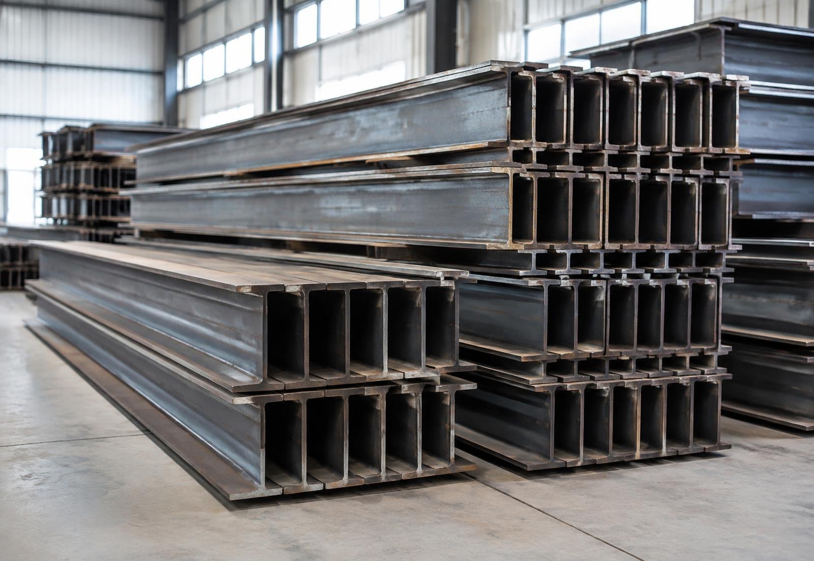 Vigas estructurales de acero organizadas en un almacén industrial